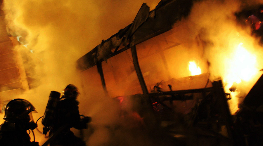Masked perpetrators set bus on fire in Paris suburb