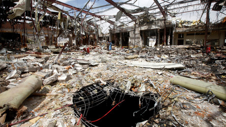 A hole is seen during a visit by human rights activists to a community hall that was struck by an airstrike during a funeral on October 8, in Sanaa, Yemen, October 16, 2016. © Mohamed al-Sayaghi