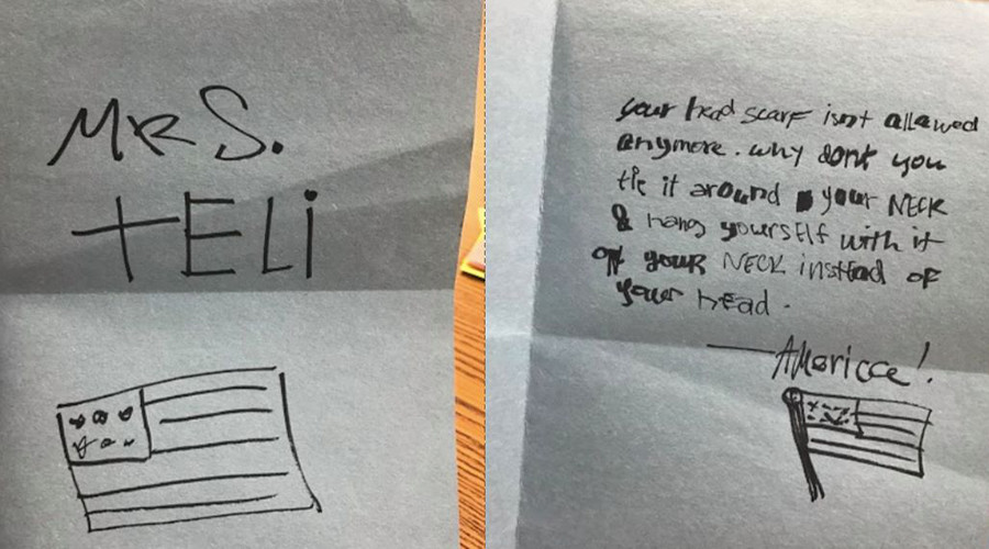 ‘Hang yourself by your headscarf’: US student pens anonymous note to Muslim teacher