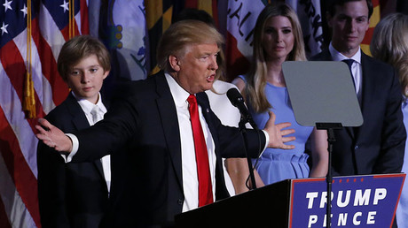 Republican U.S. presidential nominee Donald Trump is flanked by members of his family as he addresses supporters at his election night rally in Manhattan, New York, U.S., November 9, 2016. © Brendan McDermid