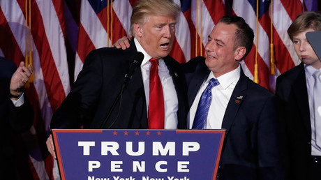 U.S. President-elect Donald Trump and Chairman of the Republican National Committee Reince Priebus (R) address supporters during his election night rally in Manhattan, New York, U.S. on November 9, 2016. © Mike Segar