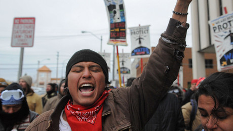 Protesters march in Bismarck during a protest against plans to pass the Dakota Access pipeline near the Standing Rock Indian Reservation, North Dakota, U.S. November 17, 2016. © Stephanie Keith