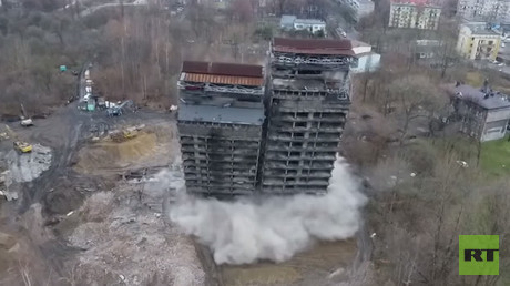 Building demolition op turns into cinematic 'action movie scene' filmed by drone