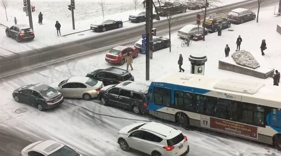 Slo-mo chaos: Icy road leads to multi-vehicle crashes during morning commute (VIDEO)