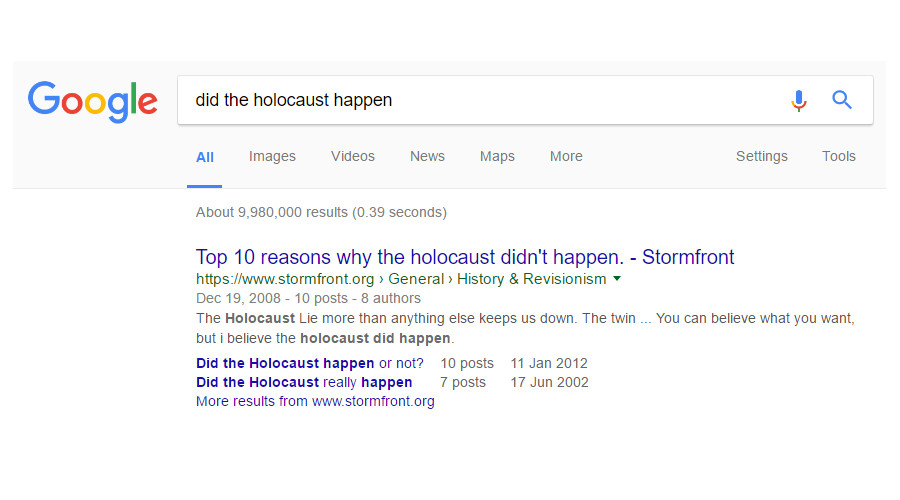 Google allows Holocaust denial results to remain at top of search query