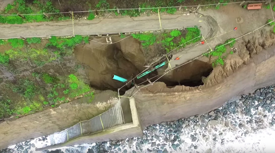 Amazing drone footage shows sinkhole damage to California coast (VIDEO
