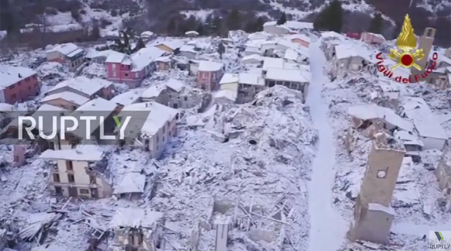 Drone video of snow covered Italian town shows devastating effects of quake months later (VIDEO)