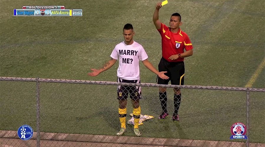 No love lost: Referee cautions Guam footballer for marriage proposal celebration