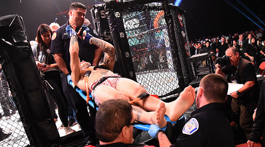 MMA fighter carried off on stretcher after being KO’d by flying knee at Bellator 170