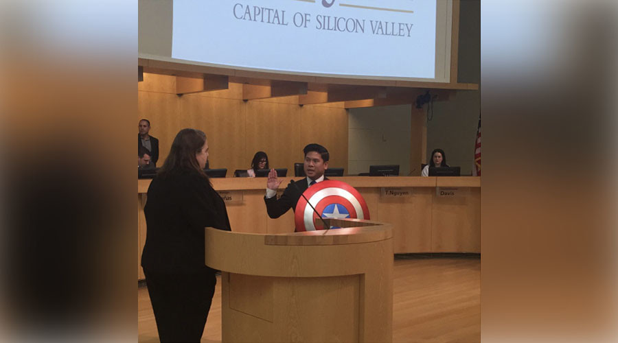 Captain America, oh yeah! Councilman holds superhero shield for swearing-in ceremony (VIDEO)