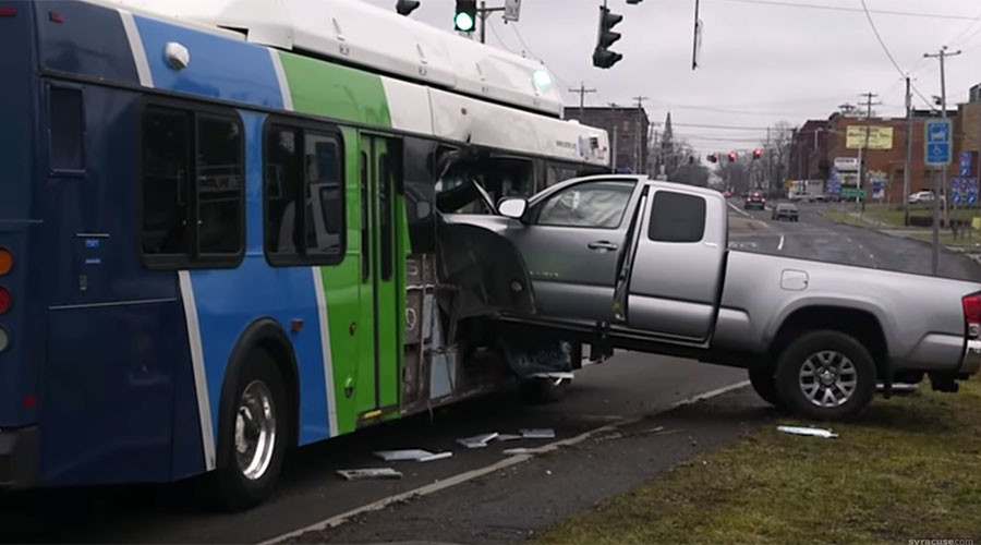 Moment truck violently smashed into bus captured by onboard cameras (VIDEO)