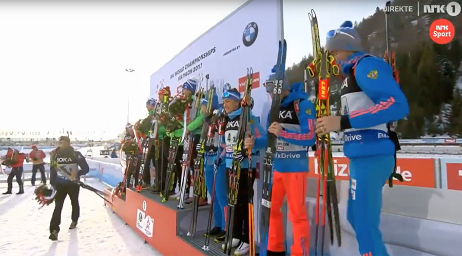 Biathlete Fourcade storms off world championships podium after Russia handshake snub