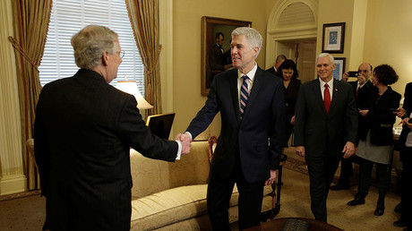 Supreme Court Nominee Judge Neil Gorsuch (C) greets Senate Majority Leader Mitch McConnell and U.S. Vice President Mike Pence on Capitol Hill in Washington, U.S., February 1, 2017. © Joshua Roberts