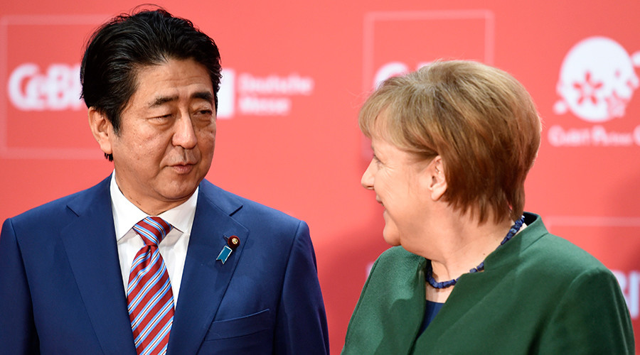 Merkel, Abe defend globalization, calling for EU-Japan trade agreement