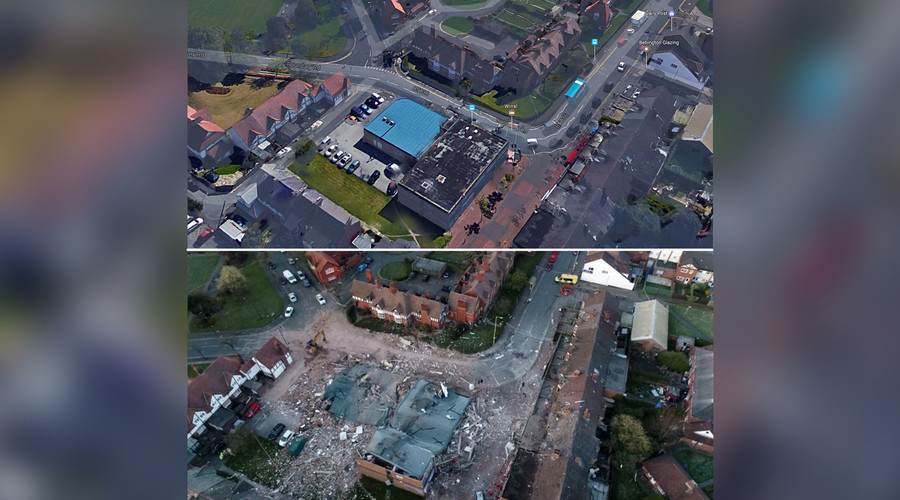 ‘Like a war zone’: Drone footage reveals scale of devastation after Wirral explosion (VIDEOS)