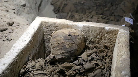 A mummy inside the newly discovered burial site in Minya, Egypt May 13, 2017. © Mohamed Abd El Ghany
