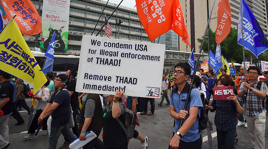 ‘THAAD out, Peace in’: S. Koreans protest US missile deployment ahead of Trump talks