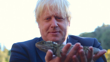 British Foreign Secretary Boris Johnson holds a lizard during a visit to Zealandia in Wellington, New Zealand, July 25, 2017 © Reuters