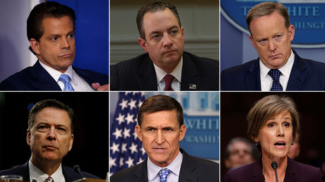 Clockwise from top left: Anthony Scaramucci, Reince Priebus, Sean Spicer, James Comey, Michael Flynn, Sally Yates © Reuters

