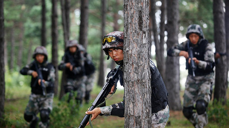 Soldiers from the People’s Liberation Army take part in a military training during the summer heat at a forest in Heihe, Heilongjiang province, August 1, 2013 © China Daily CDIC