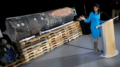 U.S. Ambassador to the United Nations Nikki Haley briefs the media in front of remains of Iranian 