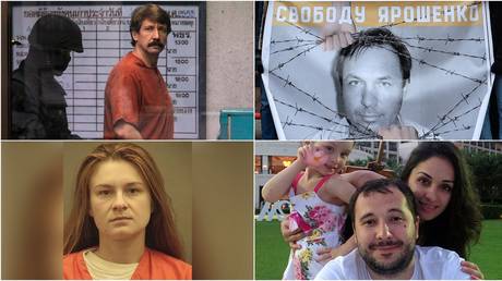 © (top left) Viktor Bout / Reuters / Damir Sagolj; (top right) A placard with an image of Konstantin Yaroshenko / Sputnik; (bottom left) Maria Butina / Reuters / Alexandria Sheriff's Office; (bottom right) Family photo of Roman Seleznyov / AFP