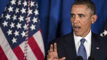 US President Barack Obama speaks to members of the Business Council during a dinner February 27, 2013 in Washington, DC. Obama spoke about the possible effects of the upcoming sequester's butget cuts on the business community before taking questions in a closed session. (AFP Photo/Brendan Smilaowsky)