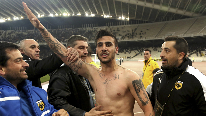 AEK Athens' Giorgos Katidis celebrates a goal during a Super League soccer match against Veria at the Olympic stadium in Athens March 16, 2013. (Reuters / Icon/Giannis Liakos)
