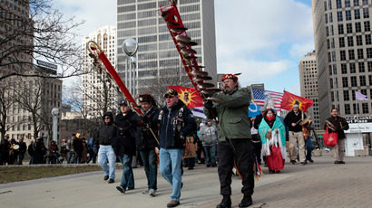 A group of Native Americans and supporters demonstrate in support of the 'Idle No More' First Nations Canadian movement in downtown Detroit, Michigan (Reuters / Rebecca Cook)