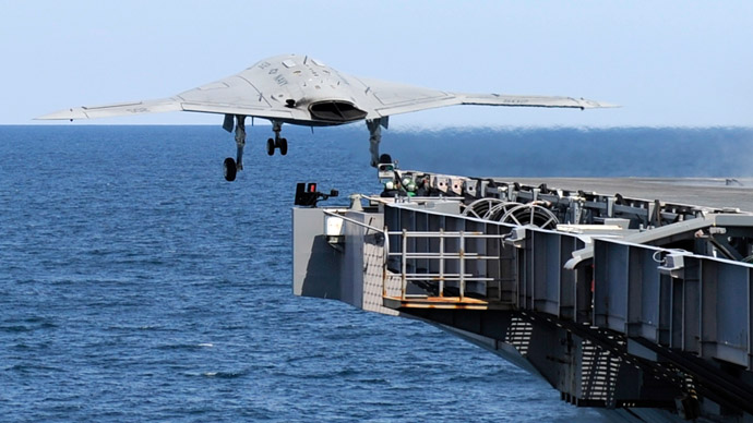 This May 14, 2013 US Navy handout image shows an X-47B Unmanned Combat Air System (UCAS) demonstrator launching from the deck of the aircraft carrier USS George H.W. Bush (CVN 77) during flight operations in the Atlantic Ocean. (US Navy courtesy of Northrop Grumman /Alan Radecki)