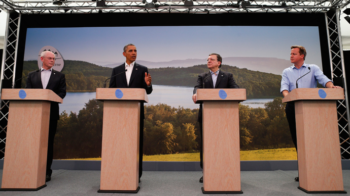 U.S. President Barack Obama (2nd L) attends a news conference with (L-R) European Council President Herman Van Rompuy, European Commission President Jose Manuel Barroso and Britain's Prime Minister David Cameron at the G8 summit in Enniskillen, Northern Ireland June 17, 2013 (Reuters / Andrew Winning)