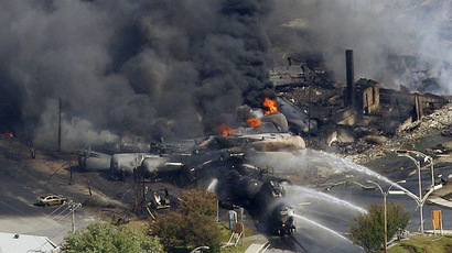 The wreckage of a train is pictured after an explosion in Lac Megantic July 6, 2013. (Reuters/Mathieu Belanger)