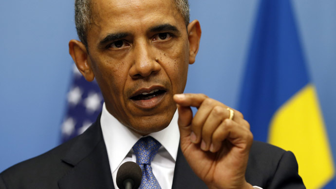 US President Barack Obama speaks about Syria during a joint news conference with Swedish Prime Minister Fredrik Reinfeldt at the Prime Minister's office in Stockholm, Sweden September 4, 2013. (Reuters/Kevin Lamarque)