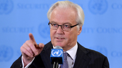 Vitaly Churkin, Russia's Ambassador to the United Nations, speaks to the media after attending a briefing in the Security Council on the weapons inspectors report on chemical weapons in Syria September 16, 2013 at UN headquarters in New York. (AFP Photo/Stan Honda)