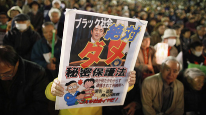 A protester holds a placard with a photo of Japan's Prime Minister Shinzo Abe, during a rally against the government's planned secrecy law in Tokyo November 21, 2013. (Reuters/Issei Kato)