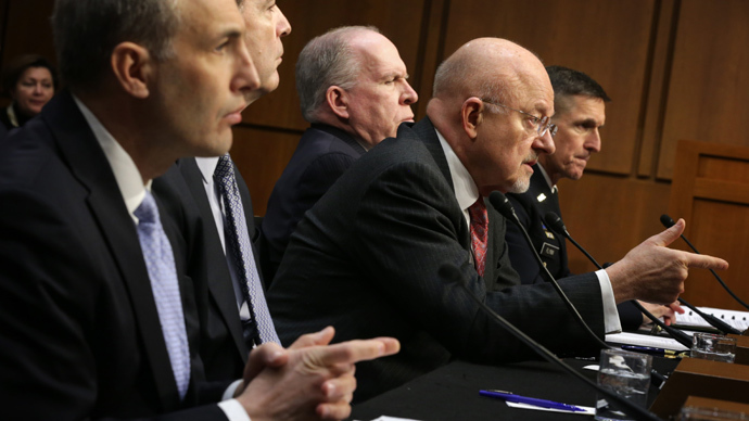 (L-R) National Counterterrorism Center Director Matthew Olsen, FBI Director James Comey, Director of National Intelligence James Clapper, CIA Director John Brennan, Defense Intelligence Agency Director Lt. Gen. Michael Flynn testify during a hearing before Senate (Select) Intelligence Committee January 29, 2014 (Alex Wong / Getty Images / AFP) 