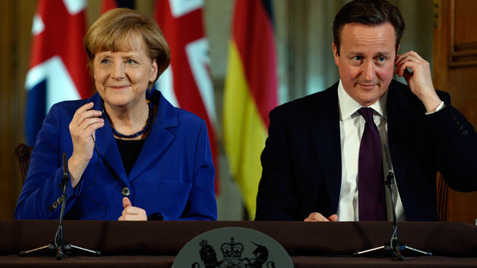 Britain's Prime Minister David Cameron and German Chancellor Angela Merkel hold a news conference at Number 10 Downing Street in London February 27, 2014. (Reuters / Facundo Arrizabalaga / pool)