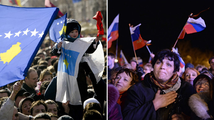 (L) Thousands of people celebrate with Kosovo and Albanian flags in Pristina on February 17, 2009. (R) Sevastopol residents at a celebratory show held after the referendum on Crimea's status. (AFP Photo/RIA Novosti)
