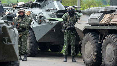 Ukrainian troops outside the town of Andreyevskoe near Slaviyansk, Donetsk Region, where local residents blocked a column of Ukrainian Army armored personnel carriers. (RIA Novosti / Mikhail Voskresenskiy)