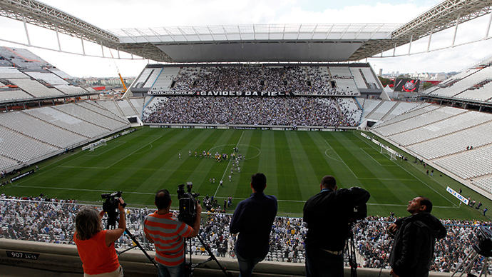 A general view is seen of the Arena de Sao Paulo Stadium, one of the venues for the 2014 World Cup, before a soccer match test in the Sao Paulo district of Itaquera May 10, 2014. The stadium will host the opening match of the 2014 World Cup (Reuters / Paulo Whitaker)