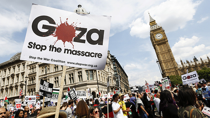 Demonstrators march through the streets from outside the Israeli embassy in central London on July 26, 2014, calling for an end to violence in Gaza. (Reuters / Justin Tallis)