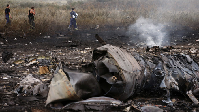 Emergencies Ministry members walk at the site of a Malaysia Airlines Boeing 777 plane crash, MH17, near the settlement of Grabovo in the Donetsk region, July 17, 2014. (Reuters/Maxim Zmeyev)