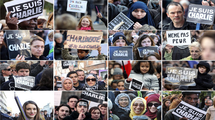 A combination of pictures taken on January 11, 2015 shows people taking part in the Unity rally "March Republicaine" in various cities in France in tribute to the 17 victims of a three-day killing spree by homegrown Islamists. (AFP Photo)