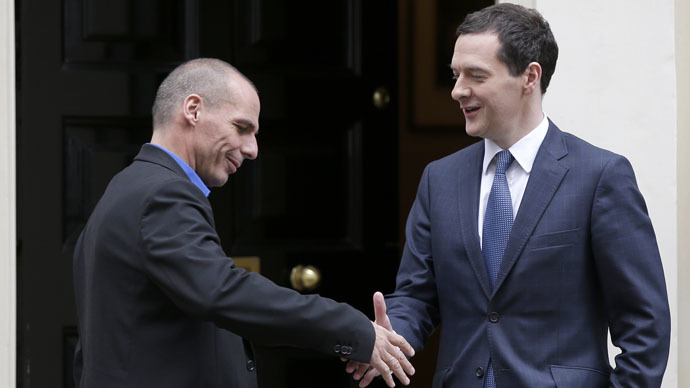 Greek Finance Minister Yanis Varoufakis (L) shakes hands with Britain's Chancellor of the Exchequer, George Osborne, as he leaves after their meeting at Downing Street in London February 2, 2015. (Reuters/Peter Nicholls)