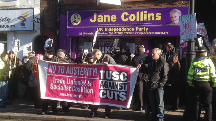 ‘No to racism, no to bigotry’: Protesters trap Farage in Rotherham UKIP office