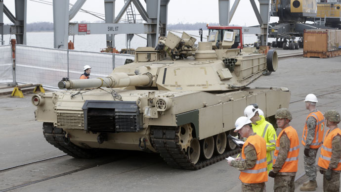 An Abrams main battle tank, for US troops deployed in the Baltics as part of NATO's Operation Atlantic Resolve, leaves Riga port March 9, 2015. (Reuters/Ints Kalnins)