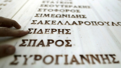 A man searches for the names of victims written on a memorial plaque, on the eve of the 69th anniversary of the Distomo massacre committed by the Nazis during World War Two, at the village of Karakolithos near Distomo village, about 165 km (103 miles) northwest of Athens (Reuters/John Kolesidis)