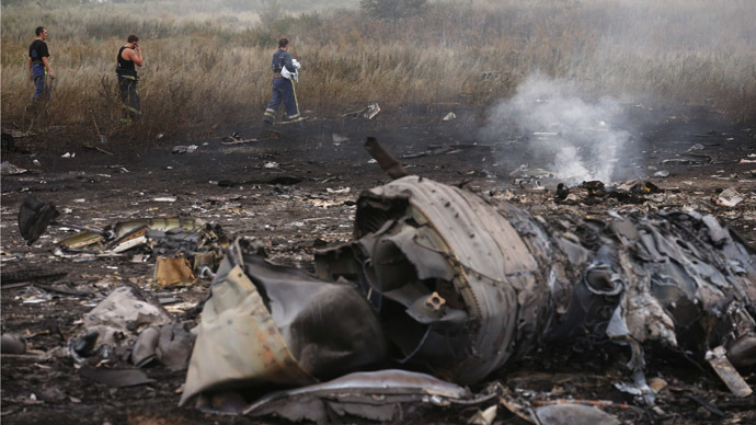 Emergencies Ministry members walk at the site of a Malaysia Airlines Boeing 777 plane crash, MH17, near the settlement of Grabovo in the Donetsk region, July 17, 2014. (Reuters/Maxim Zmeyev)
