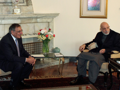 Hamid Karzai (R) and Leon Panetta in Kabul March 15, 2012 (Reuters / Mohammad Ismail)