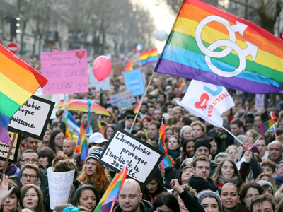 People take part in a demonstration for the legalisation of gay marriage and LGBT (lesbian, gay, bisexual, and transgender) parenting, in Paris on January 27, 2013 (AFP Photo/Thomas Samson)
